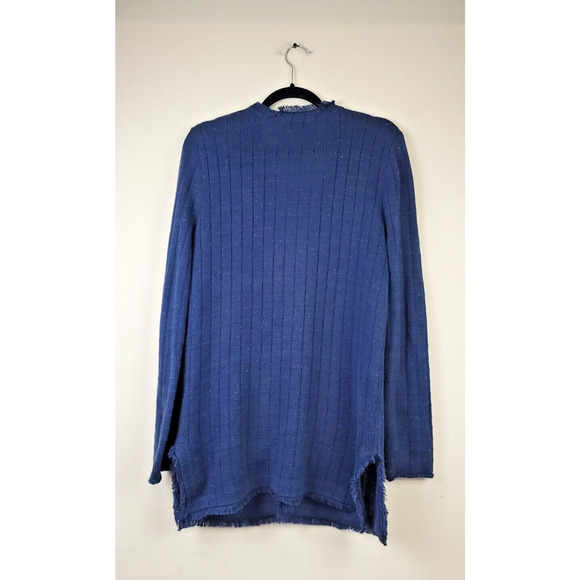 Cabi Womens Medium Navy Blue Speckled Duchess Cardigan Long Fringe Hems Pockets - Picture 5 of 11